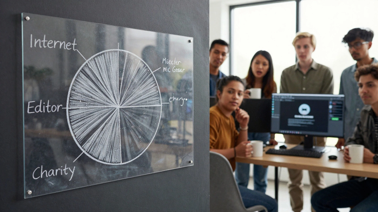 Chalkboard budget breakdown on studio wall as subscribers observe with interest.