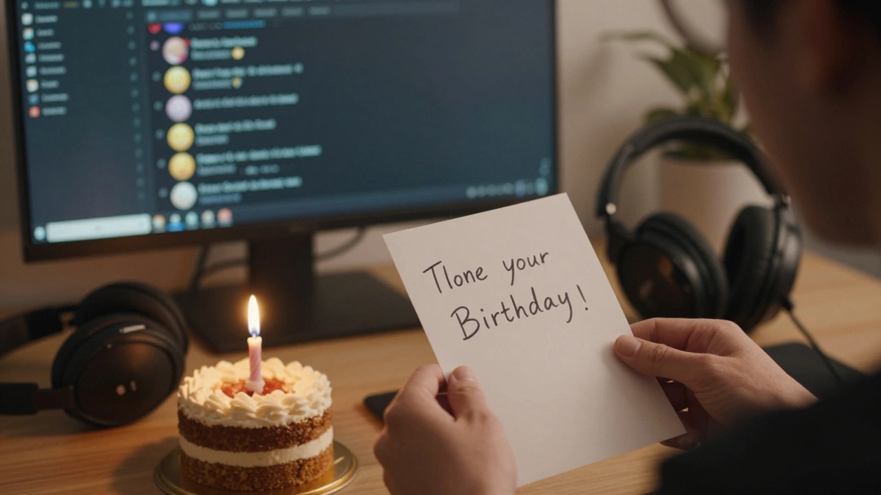 Creator&#039;s hands holding a birthday card with glowing candle and gaming headset nearby.